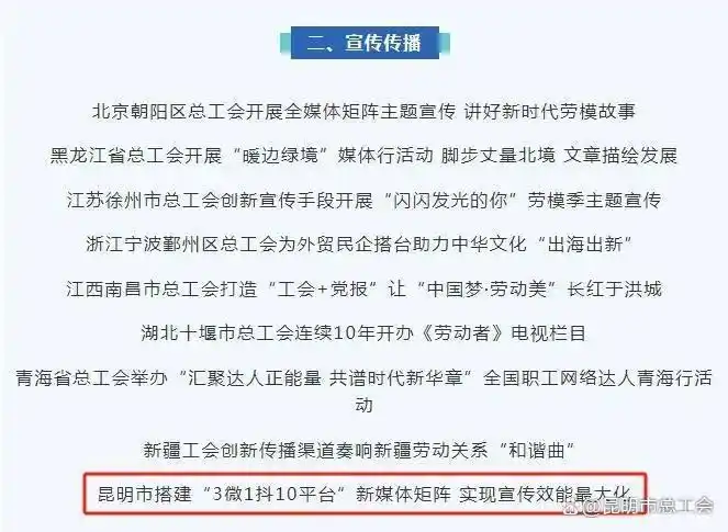 昆明市总工会2024年创新案例：3微1抖10平台新媒体矩阵助力宣传效能最大化